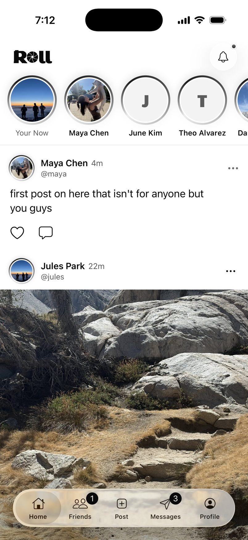 The Roll feed: friends' Now rings along the top, a text post and a photo post.